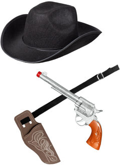Verkleed set cowboyhoed Rodeo zwart - met holster en pistool - voor volwassenen