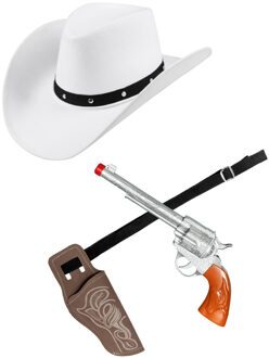 Verkleed set cowboyhoed Wichita wit - met holster en pistool - voor volwassenen