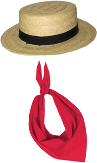 Verkleed set Lou Bandy Gondolier hoedje - beige - met rode hals zakdoek - voor volwassenen
