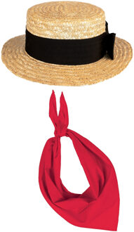 Verkleed set Lou Bandy Gondolier hoedje - beige - met rode hals zakdoek - voor volwassenen