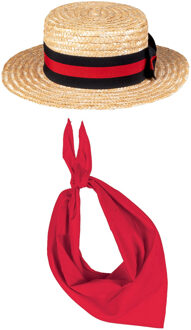 Verkleed set Lou Bandy Gondolier hoedje - beige - met rode hals zakdoek - voor volwassenen