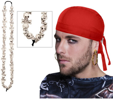 Verkleed set Piraat - gouden oorbellen - skulls piraten ketting - bandana rood - Volwassenen