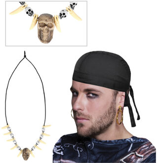 Verkleed set Piraat - gouden oorbellen - skulls piraten ketting - bandana zwart - Volwassenen