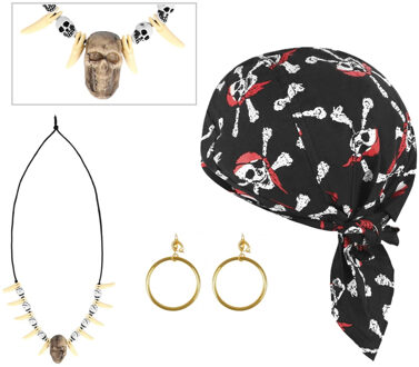 Verkleed set Piraat - gouden oorbellen - skulls piraten ketting - bandana zwart - Volwassenen