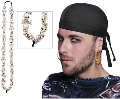 Verkleed set Piraat - gouden oorbellen - skulls piraten ketting - bandana zwart - Volwassenen