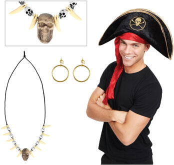 Verkleed set Piraat - gouden oorbellen - skulls piraten ketting - hoed zwart - Volwassenen
