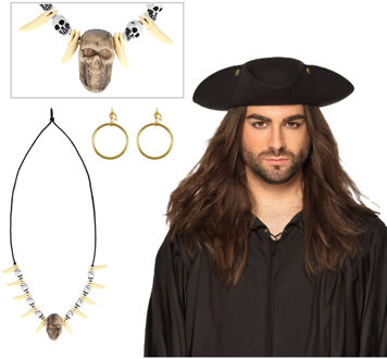 Verkleed set Piraat - gouden oorbellen - skulls piraten ketting - hoed zwart - Volwassenen
