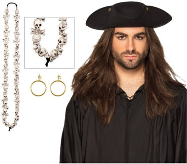 Verkleed set Piraat - gouden oorbellen - skulls piraten ketting - piratenhoed zwart - Volwassenen