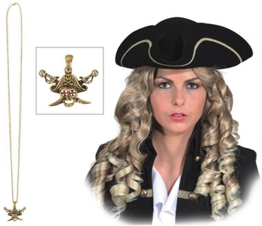 Verkleed set Piraten hoed - zwart/goud - met gouden piraten ketting - heren/dames