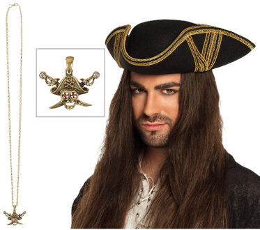 Verkleed set Piraten hoed - zwart/goud - met gouden piraten ketting - heren/dames