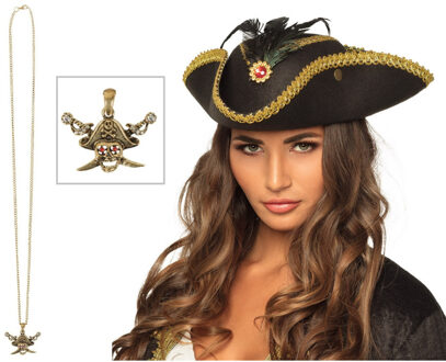 Verkleed set Piraten hoed - zwart/goud - met gouden piraten ketting - heren/dames