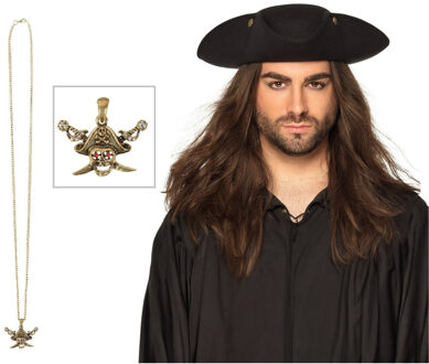 Verkleed set Piraten hoed - zwart - met gouden piraten ketting - heren/dames