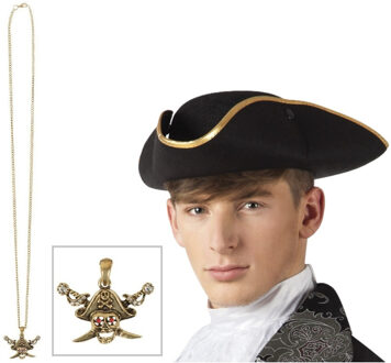 Verkleed set Piraten hoed - zwart - met gouden piraten ketting - heren/dames