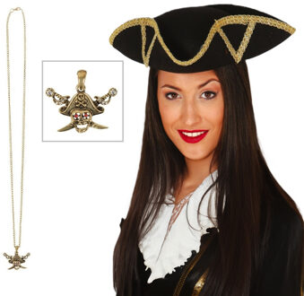 Verkleed set Piraten hoed - zwart - met gouden piraten ketting - heren/dames