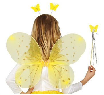 Verkleed set vlinder - vleugels/diadeem/toverstokje - geel - kinderen - Carnavalskleding/accessoires