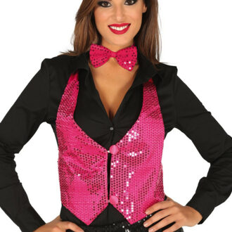 Verkleed set voor dames - gilet en vlinderstrikje - fuchsia roze - pailletten - one size - carnaval
