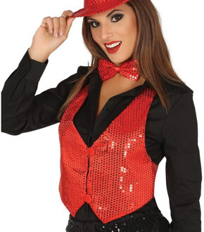 Verkleed set voor dames - gilet en vlinderstrikje - rood - pailletten - one size - carnaval