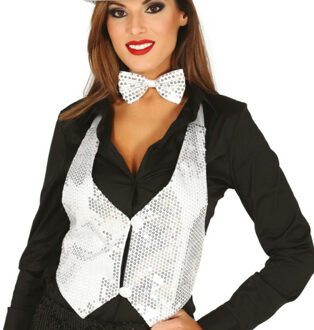 Verkleed set voor dames - gilet en vlinderstrikje - zilver - pailletten - one size - carnaval