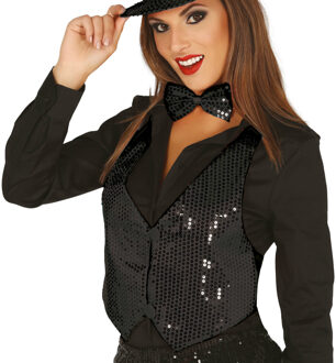 Verkleed set voor dames - gilet en vlinderstrikje - zwart - pailletten - one size - carnaval