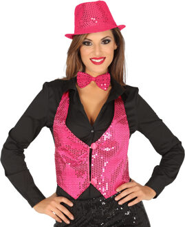 Verkleed set voor dames - gilet/vlinderstrik/hoed - fuchsia roze - pailletten - one size - carnaval