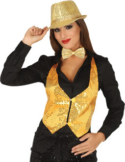 Verkleed set voor dames - gilet/vlinderstrikje/hoed - goud - pailletten - one size - carnaval