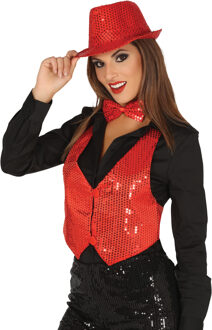 Verkleed set voor dames - gilet/vlinderstrikje/hoed - rood - pailletten - one size - carnaval