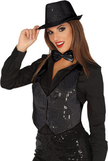 Verkleed set voor dames - gilet/vlinderstrikje/hoed - zwart - pailletten - one size - carnaval