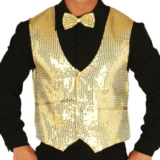 Verkleed set voor heren - gilet en vlinderstrikje - goud - pailletten - one size - carnaval