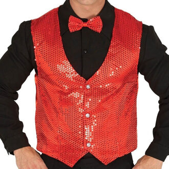 Verkleed set voor heren - gilet en vlinderstrikje - rood - pailletten - one size - carnaval