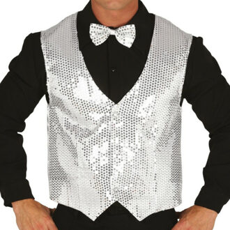 Verkleed set voor heren - gilet en vlinderstrikje - zilver - pailletten - one size - carnaval