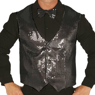 Verkleed set voor heren - gilet en vlinderstrikje - zwart - pailletten - one size - carnaval