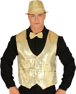 Verkleed set voor heren - gilet/vlinderstrikje/hoed - goud - pailletten - one size - carnaval