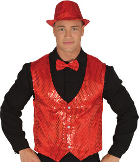 Verkleed set voor heren - gilet/vlinderstrikje/hoed - rood - pailletten - one size - carnaval