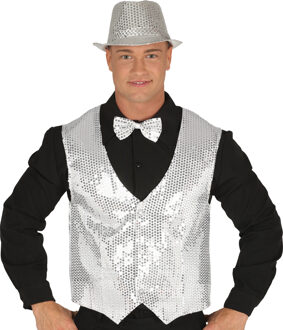 Verkleed set voor heren - gilet/vlinderstrikje/hoed - zilver - pailletten - one size - carnaval
