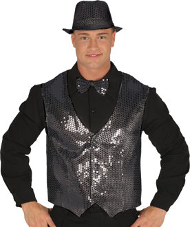 Verkleed set voor heren - gilet/vlinderstrikje/hoed - zwart - pailletten - one size - carnaval