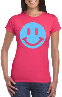 Verkleed shirt dames - smiley - roze - carnaval/foute party - feestkleding L