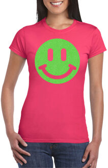 Verkleed shirt dames - smiley - roze - carnaval/foute party - feestkleding L