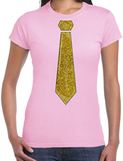 Verkleed shirt dames - stropdas glitter goud- licht roze- carnaval- foute party XL