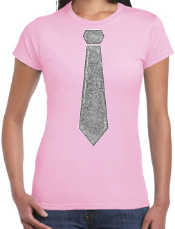 Verkleed shirt dames - stropdas glitter zilver - licht roze - carnaval - foute party XS