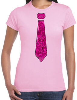 Verkleed shirt dames - stropdas paillet roze- licht roze- carnaval- foute party S