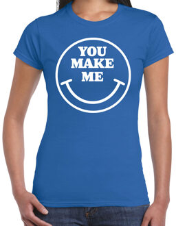 Verkleed shirt dames - you make me - smiley - blauw - carnaval - foute party - feest L