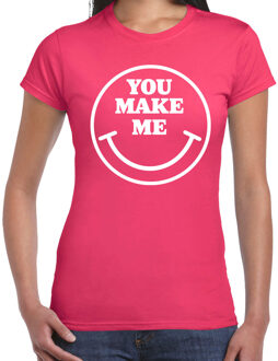 Verkleed shirt dames - you make me - smiley - roze - carnaval - foute party - feest M