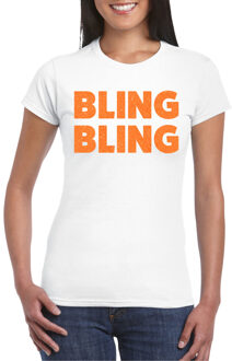 Verkleed shirt voor dames - bling - wit - oranje glitter - carnaval/themafeest S