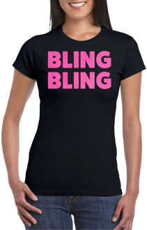 Verkleed shirt voor dames - bling - zwart - roze glitter - carnaval/themafeest XL