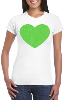 Verkleed shirt voor dames - hart - wit - groen glitter - carnaval/themafeest XS