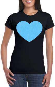 Verkleed shirt voor dames - hart - zwart - blauw glitter - carnaval/themafeest S