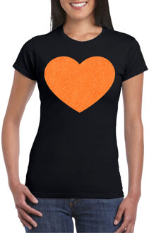 Verkleed shirt voor dames - hart - zwart - oranje glitter - carnaval/themafeest XS