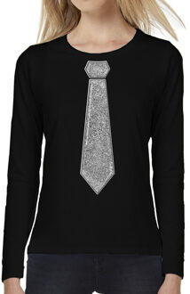 Verkleed shirt voor dames - stropdas zilver - zwart - carnaval - foute party XL