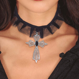 Verkleed sieraden ketting met kruis - zwart - dames - kunststof - Heks/Non/Evil Queen