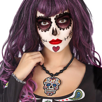 Verkleed sieraden ketting met Skull - zwart/multi kleur - dames - kunststof - Day of the Dead - Verkleedketting